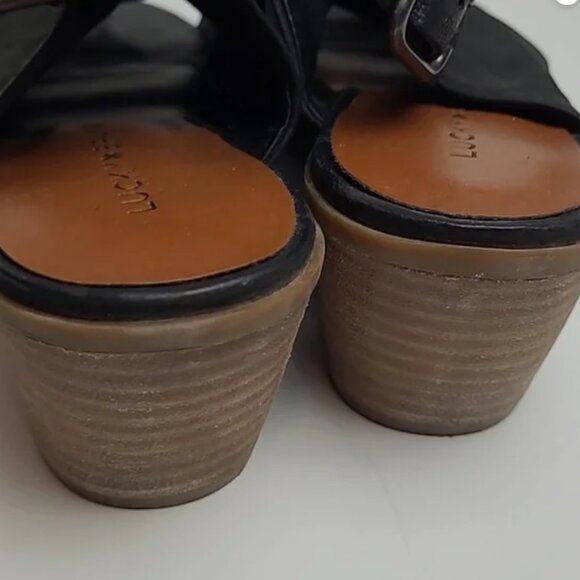 LUCKY BRAND BRAY BLACK LEATHER OPEN TOE STRAP BACK HEELS 10M - Picture 2 of 2